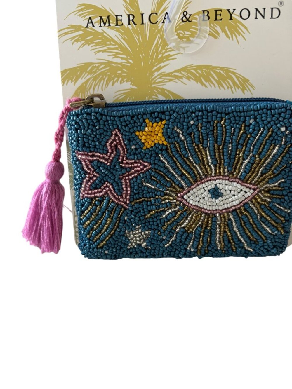America & Beyond Celestial Star and Eye themed beaded pouch w/beaded tassle